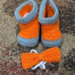 Orange and Gray Crochet Baby Booties with Bow